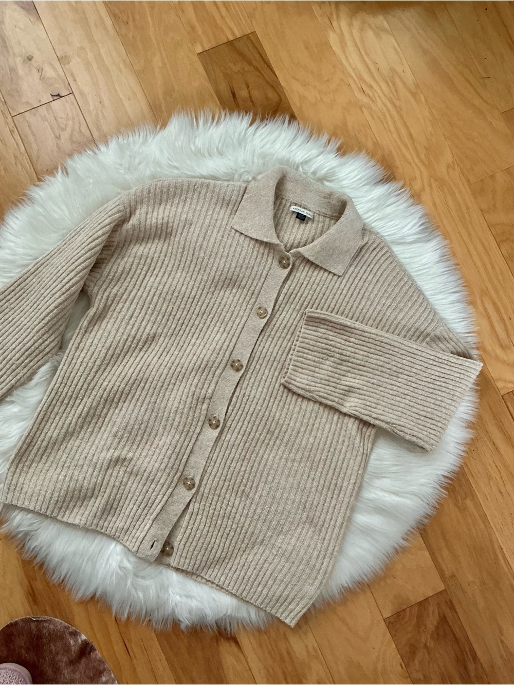 American Eagle Outfitters Oatmeal Ribbed Button-Front Grandpa Cardigan